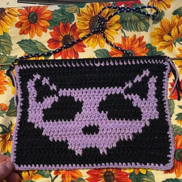 Handmade Black and Purple Cat Crochet Wallhanging - Picture 2 of 4